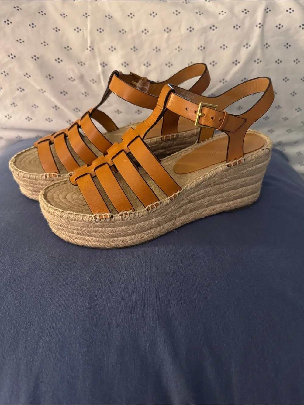 Tory Burch Tan Leather Espadrille Wedge Sandals - Sz. 8.5